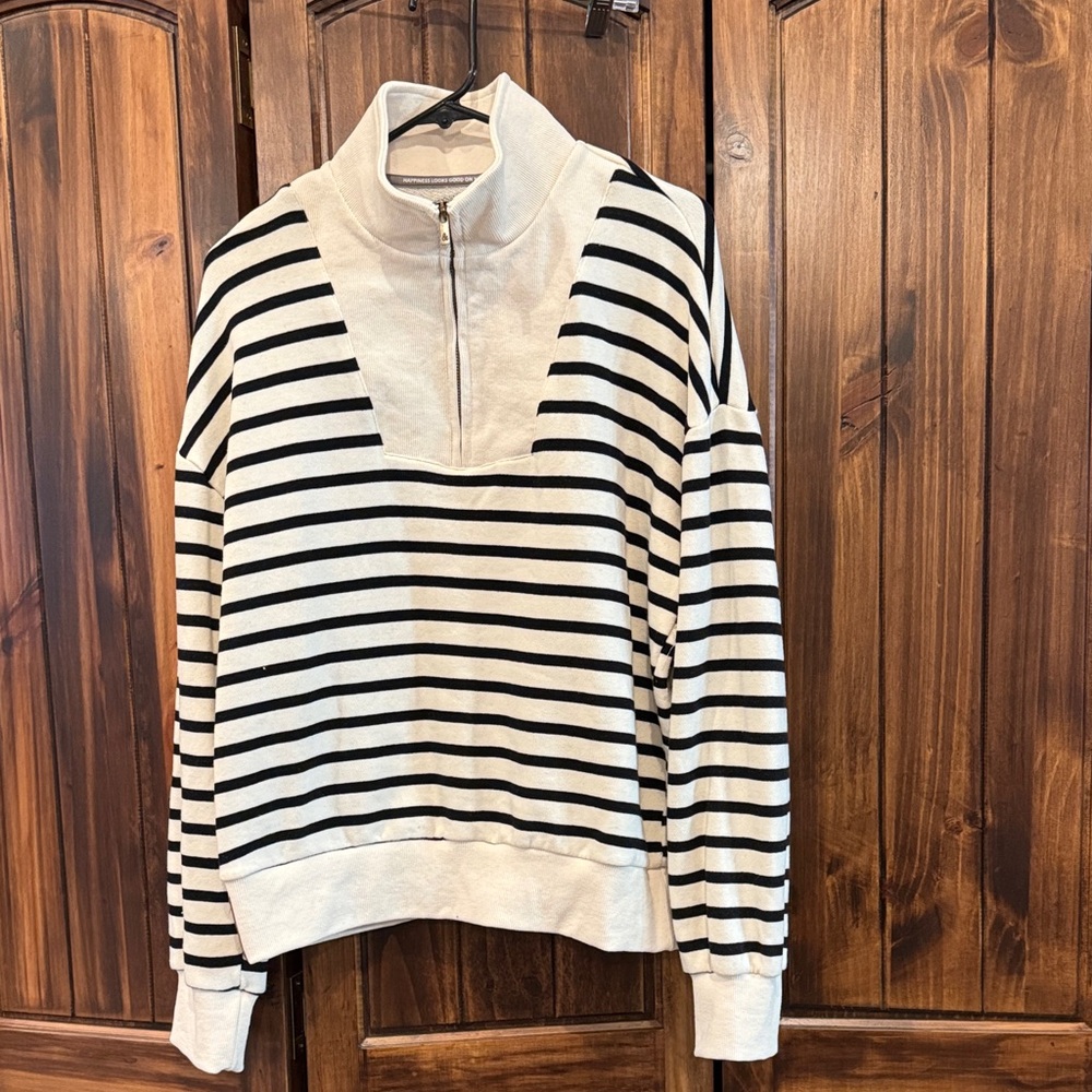 AMPERSAND AVE Cream and Black Striped Half-Zip Pullover